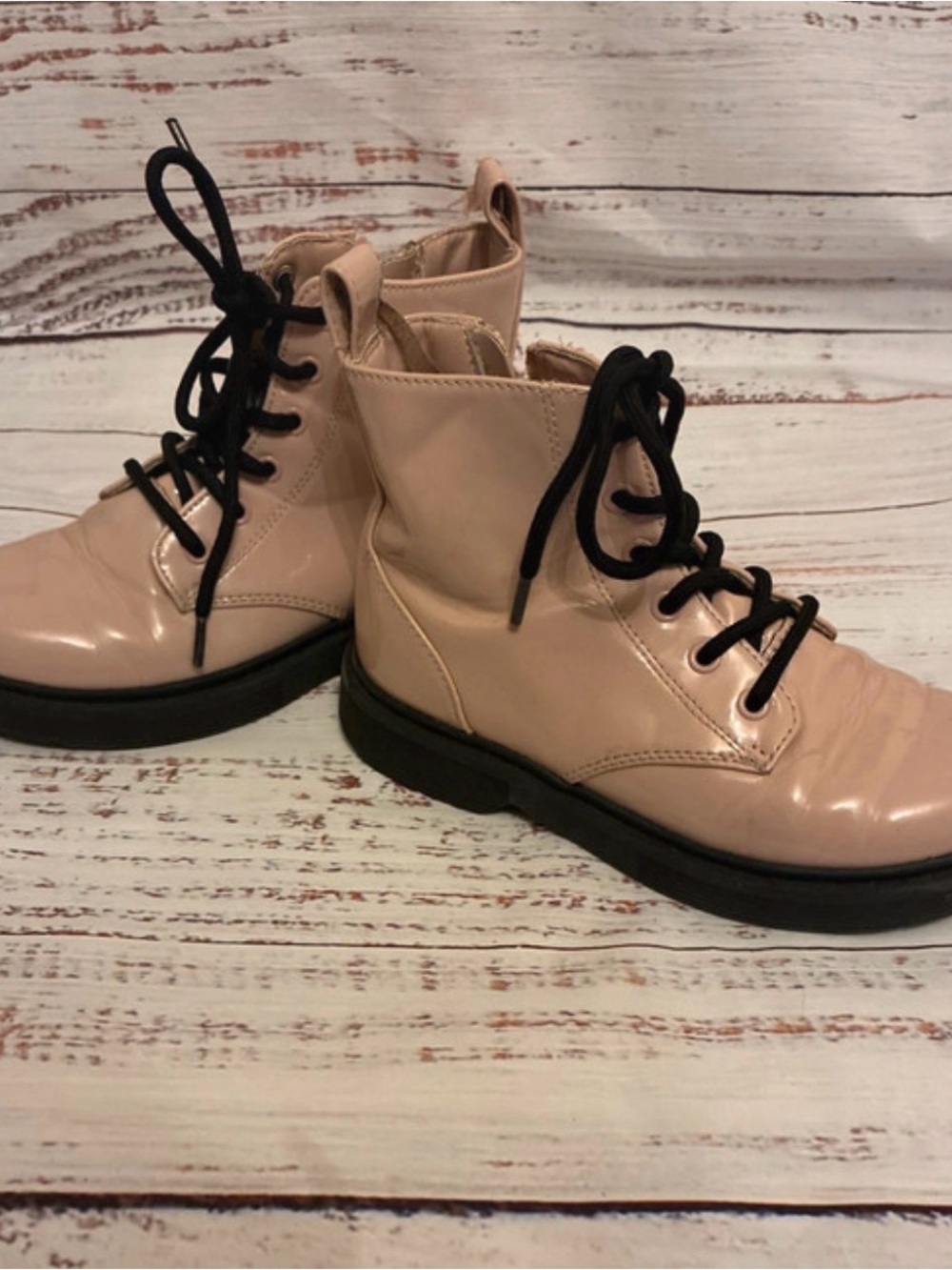 Target Patent Lace-Up Ankle Combat Pink Rose Boots in Blush with Black Soles